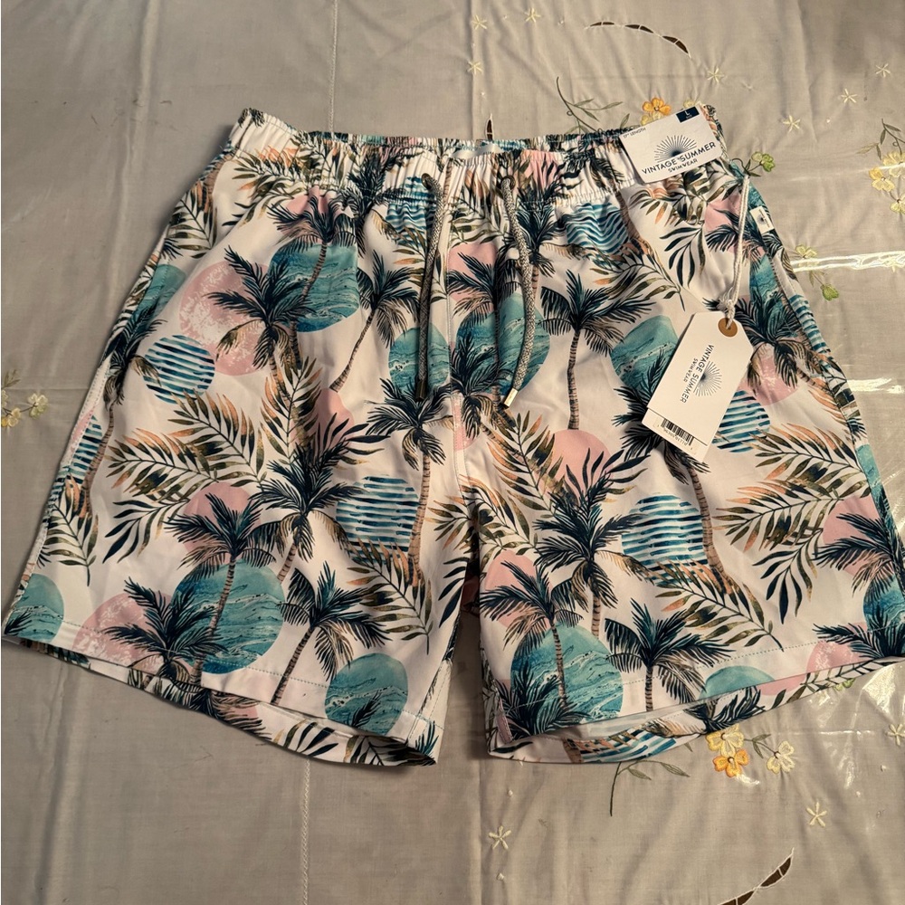 Blue and Pink Swim Trunks with Elastic Waistband